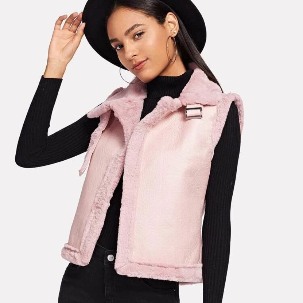 New Buckle Strap Faux Shearling Vest